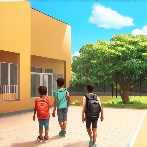 bâtiment d'une école primaire typique au gabon avec des enfants noirs avec des cartables jouant dans la cour, sous un ciel bleu clair