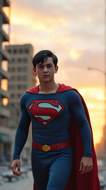 1990's Movie Scene: Jon Kent, AKA Superboy, the young little 12-year old super son of Superman, and the first kid to be born as the world's first Half-Kryptonian child. Despite still being a kid, he has all of his father's powers, with an extremely muscular body, the iconic costume, the singular curled bang sticking out at the front of his flat and smooth black hair, and a long cape. The young Half-Kryptonian, Jon Kent, now Superboy, is currently walking through an abandoned city, searching for survivors to rescue.