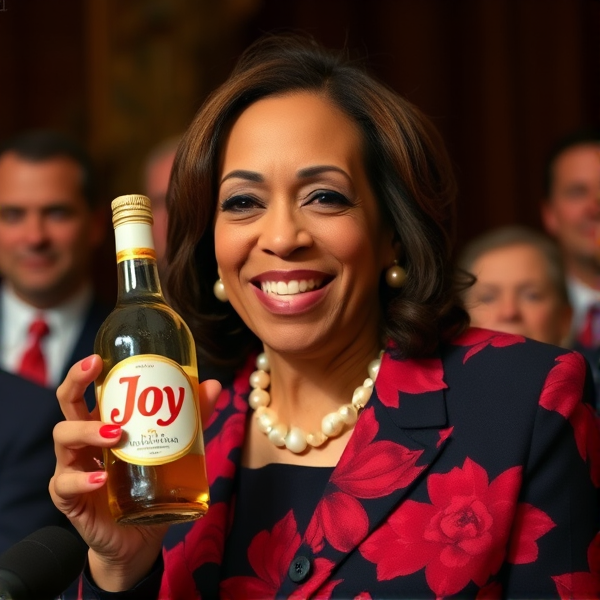 Kamala Harris with a bottle of "Joy"