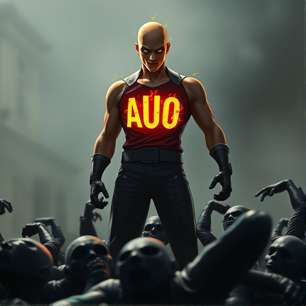 Saitama with the letters "AUO" glowing with flames on his chest, standing triumphantly over dead zombies.