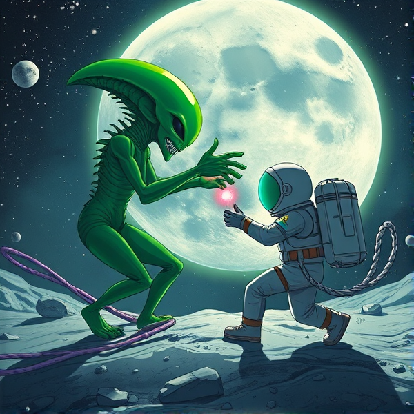 Green Alien fighting an astronaut on the moon