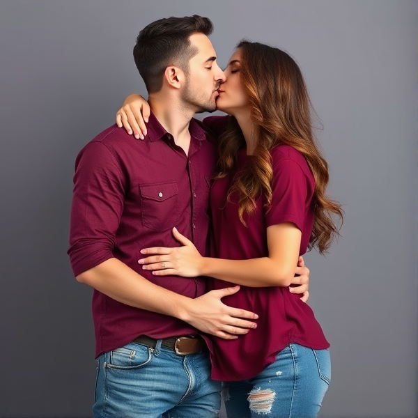 Man and woman kissing. Both wearing a maroon shirt with ripped jeans 
Woman has arms wrapped around him