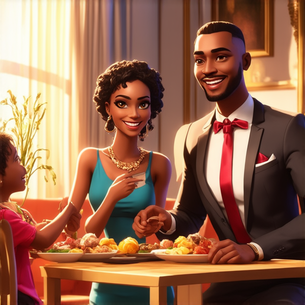 Modern African family wiht a dougther bys enjoying a meal together around a dining table, well-dressed in a mix of traditional and contemporary attire, smiling and interacting with each other, in a cozy home interior with cultural decorations