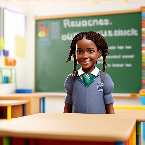 jeune fille noire de 10 ans, vêtue d'un uniforme scolaire des tresses africaines, debout souriante et concentrée devant un tableau noir rempli de regles d'orthographe en français  dans une salle de classe ensoleillée et colorée avec des bureaux en bois et des affiches éducatives sur les murs