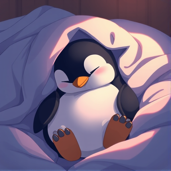 Pingouin qui dort dans un lit sous une couverture