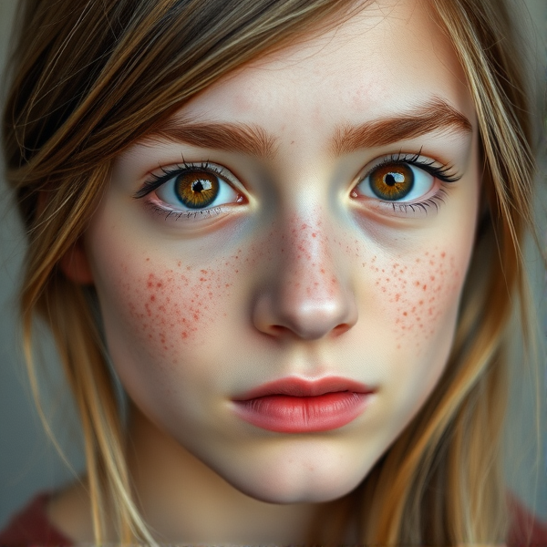 15 year old girl, minimal light brown hair, middle part,  hazel brown doe eyes, freckles everywhere , natural eye brows, thinner pale lips longer eye lashes, pale skin color, round face