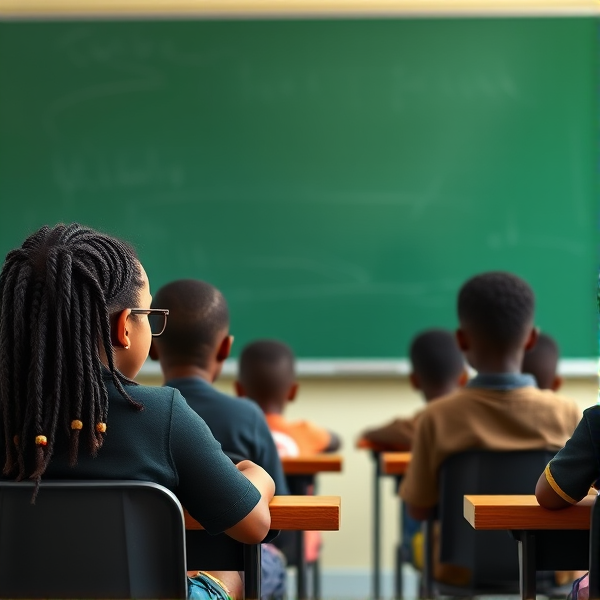 des filles noires de huit ans avec des tresses africaine et des garçons assis dans une classe face au tableau vert