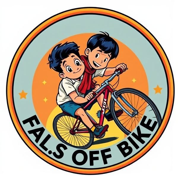 Highly detailed, vibrant illustration of a round Boy Scout merit badge, featuring a stylized comic scene where Arjun, a half Indian boy, is depicted having just taken a minor tumble from his bicycle. He appears slightly disconcerted but unharmed, with an adhesive bandage on his elbow as the focal point. Encircle the scene with the words “Arjun Falls Off Bike”. Ensure clarity and legibility throughout the design.