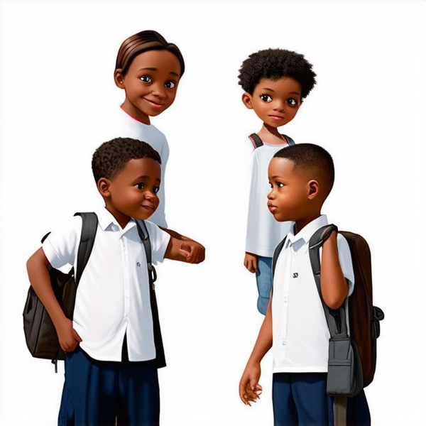 bâtiment d'une école primaire  avec enfants noirs africains en uniforme scolaire chemise blanche et pantalons bleu marine avec des cartables