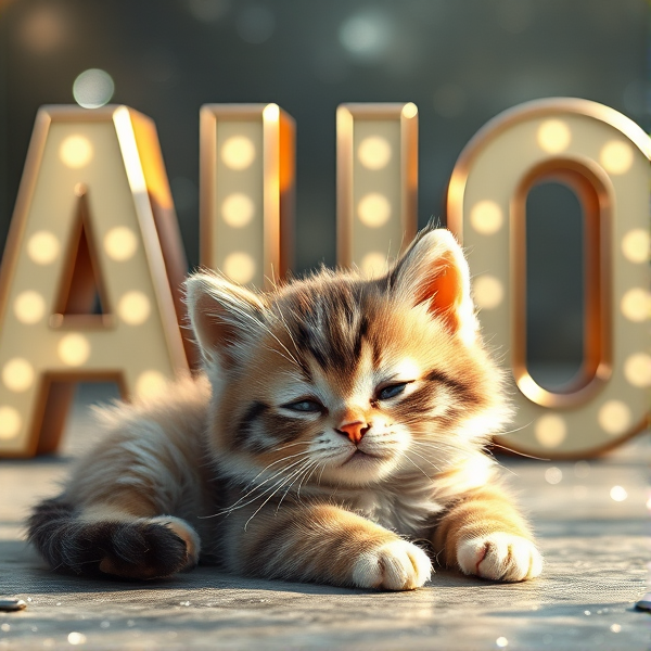 An adorable, fluffy kitten laying on the ground comfortably Infront of, shiny 3D block letters forming the acronym "AUO" with its eyes gently closed and a contented expression