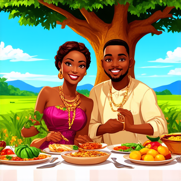 prompt: Un grand repas de famille traditionnel en plein air sous un baobab en Afrique, avec des plats locaux colorés et variés, des fruits exotiques, une grande nappe colorée, des hommes et femmes africains vêtus de tenues traditionnelles multicolores souriants et partageant un moment convivial