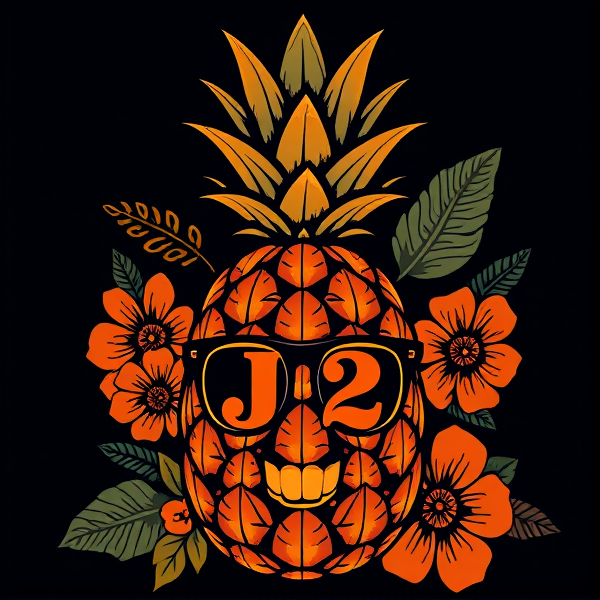 Création d'un logo raffiné et sophistiqué avec un ananas hautement stylisé au cœur du design, orné de motifs tropicaux minutieusement détaillés. L'ananas devrait présenter un visage caractéristique doté d'une expression vivante, lui conférant une identité marquante. Les initiales "J2" doivent être astucieusement intégrées dans les yeux de l'ananas en utilisant une nuance d'orange éclatante qui complète le reste des éléments sans dominer l'ensemble. L'esthétique générale du logo doit exsuder le luxe et la créativité, agrémentée de décorations délicates et d'une précision méticuleuse apportée aux plus infimes détails pour évoquer une atmosphère de festivité artistique. Pensez à inclure des accessoires comme des lunettes et à représenter clairement les dents pour plus de personnalité.