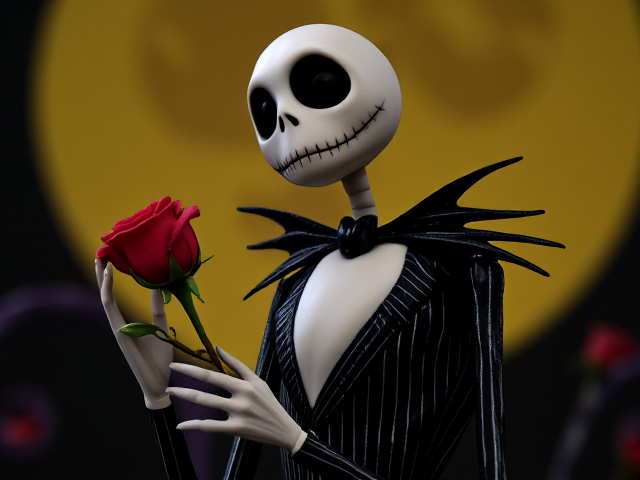 Jack skellington qui tient une rose dans les mains version Tim Burton