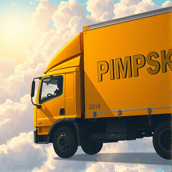 In heaven, all yellow moving truck that says the word "PIMPSKE" ON THE SIDE of trailer, black driver waving out window, truck is driving into heaven