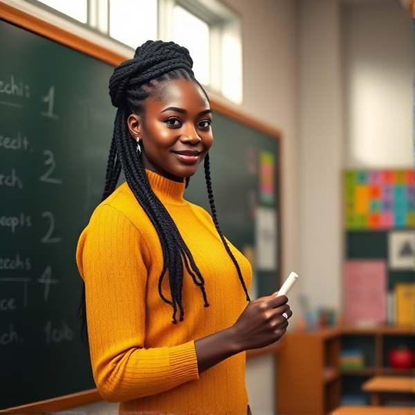 Une enseignante afro-américaine élégamment coiffée de tresses africaines traditionnelles, portant un pull jaune  se tient debout face à un tableau noir de salle de classe en train d'y écrire avec assurance à la craie blanche, lumière naturelle émanant des fenêtres, éléments éducatifs colorés visibles en arrière-plan