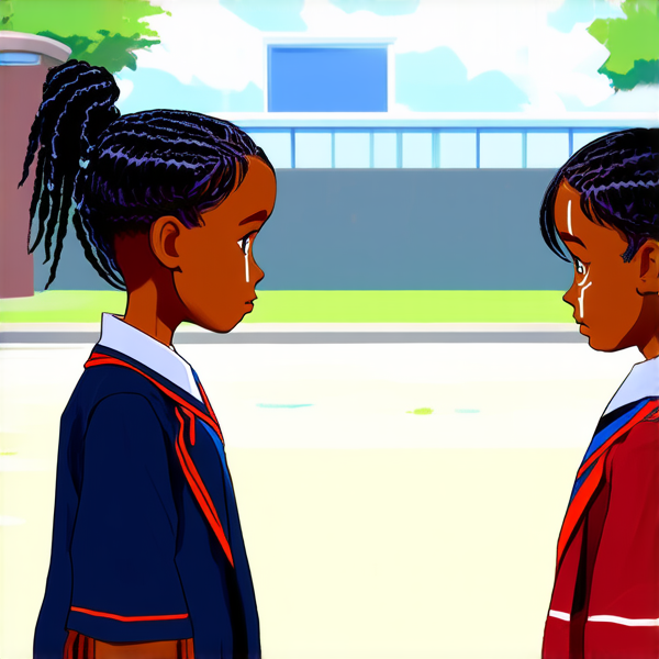 deux jeunes filles de huit ans portant des tresses africaines noires et des uniformes scolaires se tenant face à face dans une cour d'école, les yeux humides de larmes et l'air bouleversé alors qu'elles sont en pleine dispute