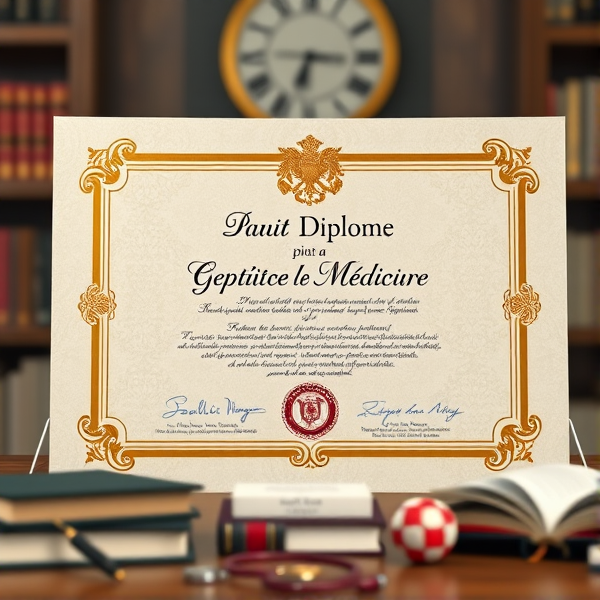 Prompt: Diplôme avec l'inscription en français de médecine avec des bordures dorées sophistiquées, un sceau officiel en relief, une typographie classique et claire sur un fond en parchemin texturé, le tout présenté dans un cadre académique avec des livres et des symboles éducatifs posé sur table dans un cadre