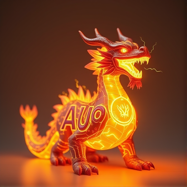 An elegantly streamlined dragon with the acronym "AUO" emblazoned across its chest in a striking, luminous script that radiates a fiery aura, pulsating with potent energy. The creature's skin is intricately laced with a complex pattern of circuitry that glows as if alive with electricity. Wisps of digital smoke drift from its nostrils in sync with the formidable sound of its roar, revealing sharply pointed fangs surging with electric currents. Include respectfully the Ukrainian flag, symbolizing tribute and unity.