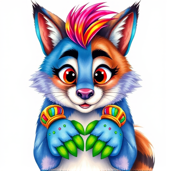 Unique fursona cat dog fox wolf blue and purple and brown furry with scenecore gloves and rainbow hair tuft, brightly coloured bracelets over the hands. Green paws
