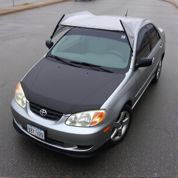 gray 2003 toyota corolla with a full black hood