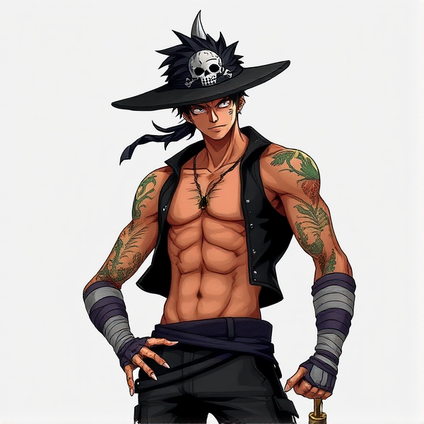 One piece style, Ricochet "Spiky" Saburo is a tall, lean man with a wiry build, standing around 6'2". His skin is tanned, and his body is covered in scars from years of combat, each mark a testament to the hits he has absorbed and turned into power. He has sharp, piercing gray eyes that seem to flicker with energy, always on the lookout for his next opponent. His hair is dark and spiky, matching the dangerous, unpredictable nature of his abilities, and he wears it tied back in a messy ponytail.

His signature accessory is a black, wide-brimmed hat with a menacing spike protruding from the top. The hat is adorned with a white skull emblem, symbolizing his deadly nature. Saburo's usual attire consists of a dark leather vest, tight-fitting pants, and heavy boots, all designed for maximum mobility. His hands are wrapped in bandages, concealing brass knuckles with small spikes that he uses in close combat when not relying on his Devil Fruit powers