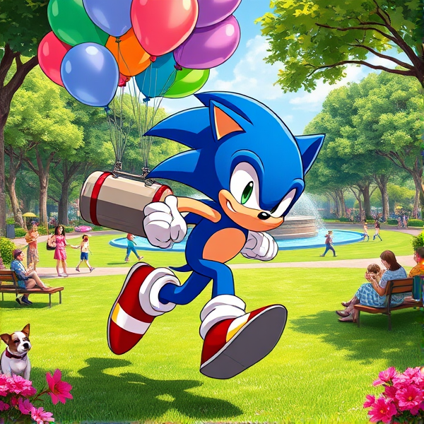 Sonic the Hedgehog captured mid-stride in a dynamic running pose, with his iconic blue quills trailing behind him. He's gripping a helium gas cylinder tank and vivid collection of assorted balloons—450 in total, each measuring 16 inches. The balloons are in various shades and have a shimmering sheen to them, reflecting the sunlight. Sonic is sporting his red shoes with white stripes and gold buckle, which blur slightly from his incredible speed. The bustling park around him is alive with activity; there are children playing on swings, couples walking dogs of various breeds, street performers juggling and people picnicking on checkered blankets. Lush green trees dot the landscape, their leaves rustling gently in the breeze, and vibrant flower beds add pops of color throughout the scene. In the background stands an elaborate fountain cascading water into a clear blue basin. All elements are illustrated in a richly saturated anime art style that emphasizes bold lines and dramatic lighting to enhance the dynamic nature of Sonic's movement