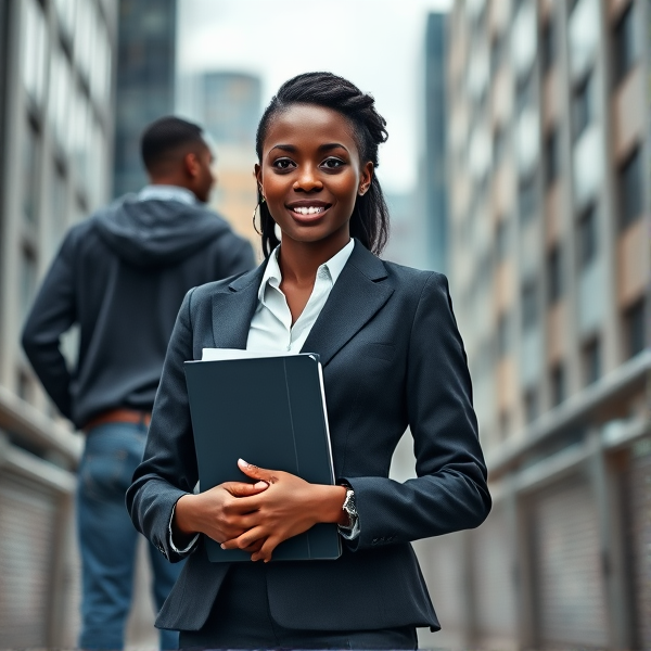 young African woman dressed in a stylish business suit, confidently holding a binder in her hands against an urban backdrop with a man behind her with jean and sweat shirt