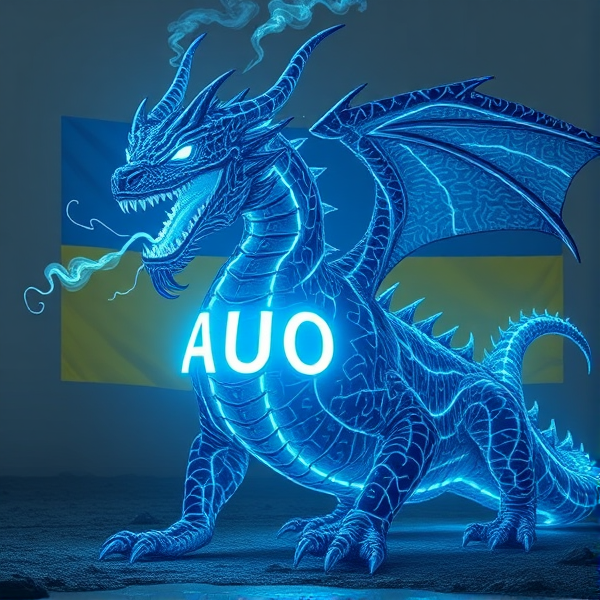 An intricately designed, streamlined dragon bearing the vivid acronym "AUO" on its chest in a radiant, blue electric luminous font that casts an electric glow, emanating waves of intense energy. The dragon's scales are a masterpiece of detailed circuit patterns that shimmer with a lifelike electrical pulse. From its nostrils, ethereal streams of digital smoke curl upwards, timed with the deep, resonant roars that showcase its electrified sharp fangs. As a respectful nod to tribute and unity, incorporate elements of the Ukrainian flag within the composition. This majestic creature resides in a desolate post-apocalyptic landscape that accentuates its powerful presence. In the background is the Ukrainian flag, a rectangle, with the top half blue and the bottom half yellow.