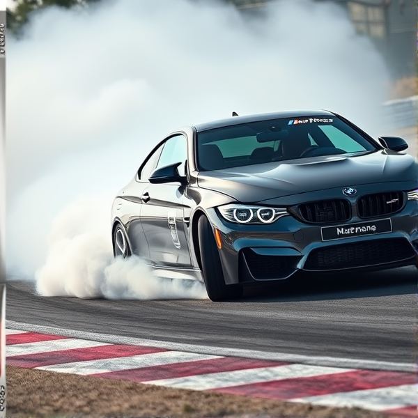 BMW M4 in a dynamic drift on an asphalt track with billowing tire smoke, aggressive stance, high speed action captured, detailed car livery showcasing sponsor logos, racing environment with trackside details like barriers and cones