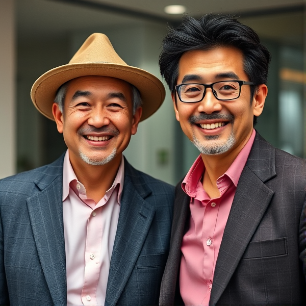 2 businessmen viril  japonais senior accroupis  avec une cravate à larges rayures large et chemise rose. Ils regardent la caméra. 
Sourire
