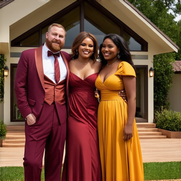 Famille africaine nombreuse et joyeuse, tous en tenues traditionnelles colorées, posant ensemble à l'extérieur. Ils sourient largement devant leur maison spacieuse qui allie élégance et design moderne avec des éléments architecturaux contemporains tels que de grandes baies vitrées et une terrasse épurée. Le cadre est verdoyant avec un jardin soigné autour de la propriété.