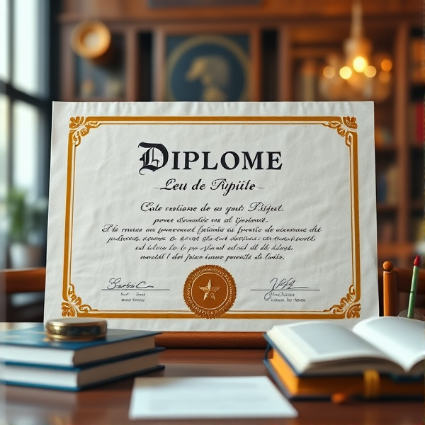 Prompt: Diplôme de français avec des bordures dorées sophistiquées, un sceau officiel en relief, une typographie classique et claire sur un fond en parchemin texturé, le tout présenté dans un cadre académique avec des livres et des symboles éducatifs posé sur table dans un cadre