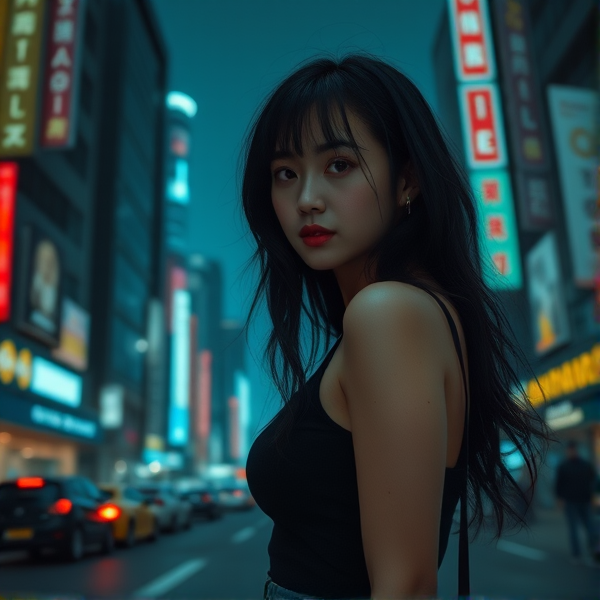 A girl with black hair in a dark city 
Include the while body