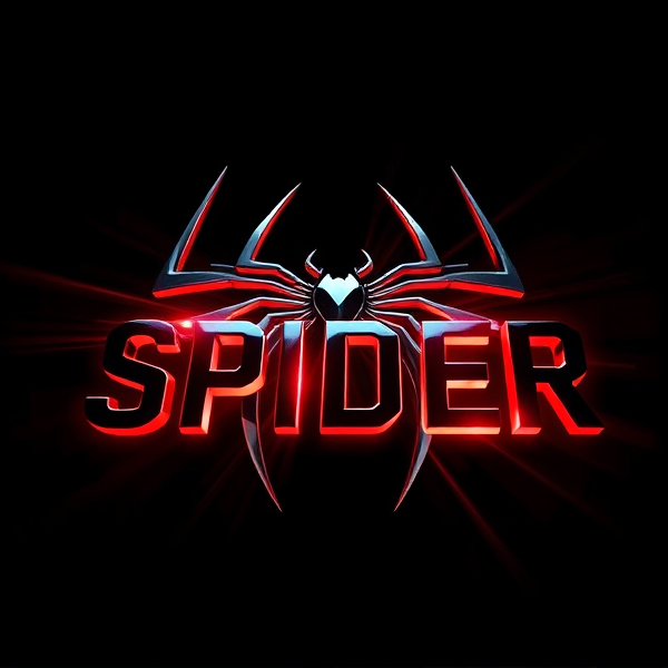 Create a visually arresting 3D logo for "SPIDER" that exudes ultra-modern, sleek design elements with bold sans-serif typography which dynamically bursts forth from a pitch-black background. Infuse the artwork with electrifying light beams inspired by the Capcut app icon's luminosity, casting profound shadows and creating striking highlights across the logo's contours. Incorporate a fusion of cutting-edge curves, crisp edges, and fluid lines to convey both rapidity and elegance. The logo should be enveloped in a metallic skin exhibiting a lustrous, mirror-like finish to dramatically bounce off light, imbuing it with an essence of vigorous motion. Draw upon Pixar's hallmark of incisive imagery and pronounced geometric shapes, injecting the tableau with a lively color spectrum and polished surfaces for additional depth. Utilize rendering techniques paralleling Unreal Engine's hyper-realism and Octane Renderer's ray tracing capabilities to achieve mesmerizing reflections, alongside V-Ray's sophisticated lighting effects to accentuate the mood. Strive for an overwhelmingly surreal visual spectacle that flirts with sci-fi elements, deliberately exaggerating every aspect for maximal impact. This creation ought to be perceived as audaciously lavish, overtly eschewing any inclination towards subtlety or minimalism.