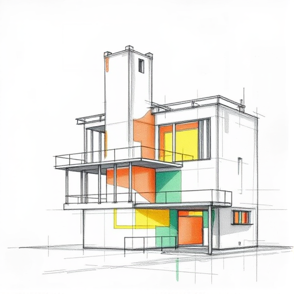pencil sketch for a diagram in the style of Le Corbusier with colors