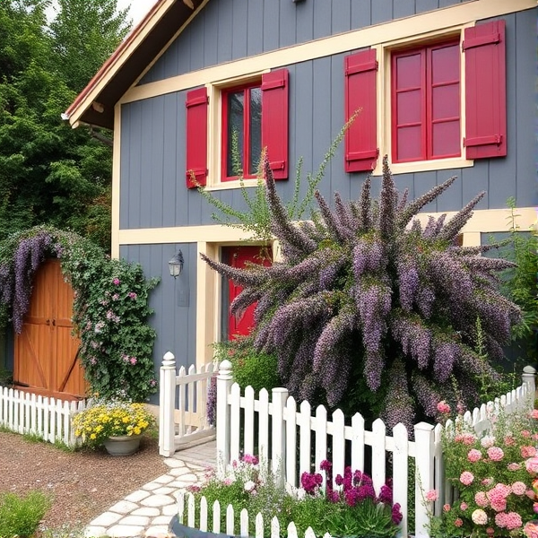 Une maison aux murs couleur gris orage avec des lignes beige et des volets en bois rouge vin. Un petit jardin très fleuri avec une petite barrière blanche en bois.une allée pavée de pierres claires. Un garage en bois sur la gauche surplombé d'une glycine. Devant la maison il y a un prunier pourpre, un grand mimosa et un eucalyptus
