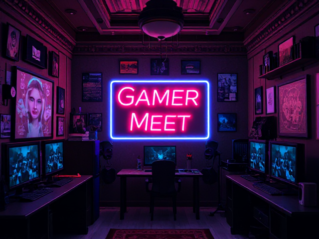 Une chambre de gamer avec un néon où il est écrit: Gamer Meet au centre de l'image