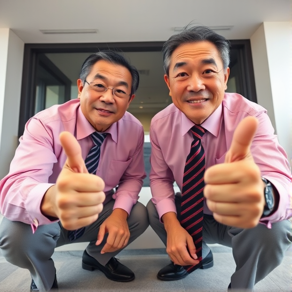 Deux hommes d affaires japonais senior accroupis qui regardent la caméra 
Chemise rose foncée et longue cravate rayée large. Ils claquent des doigts 

Vue contre-plongée