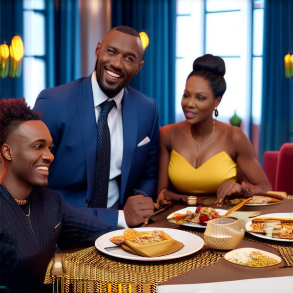 Modern African family enjoying a meal together around a dining table, well-dressed in a mix of traditional and contemporary attire, smiling and interacting with each other, in a cozy home interior with cultural decorations