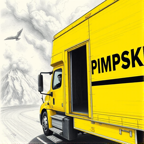 In heaven, all yellow moving truck that says the word "PIMPSKE" ON THE SIDE of trailer, black driver waving out window, truck is driving into heaven