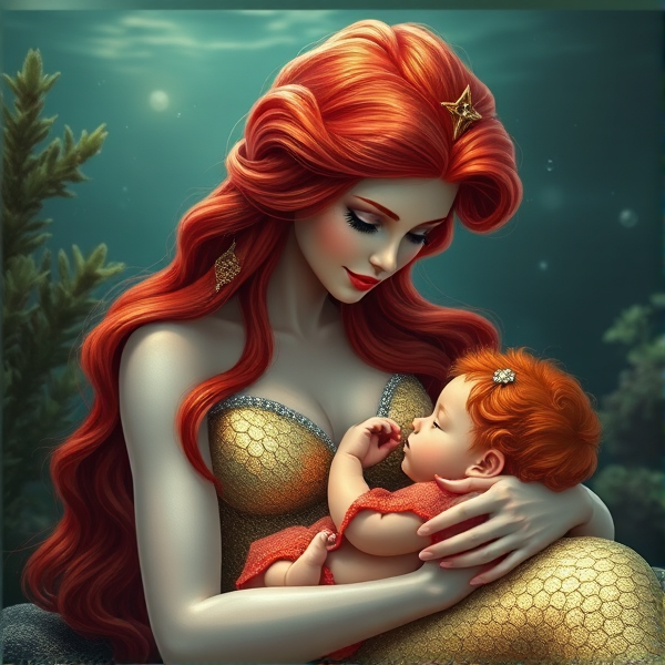 A red-haired mermaid princess cradling her red haired baby girl mermaid