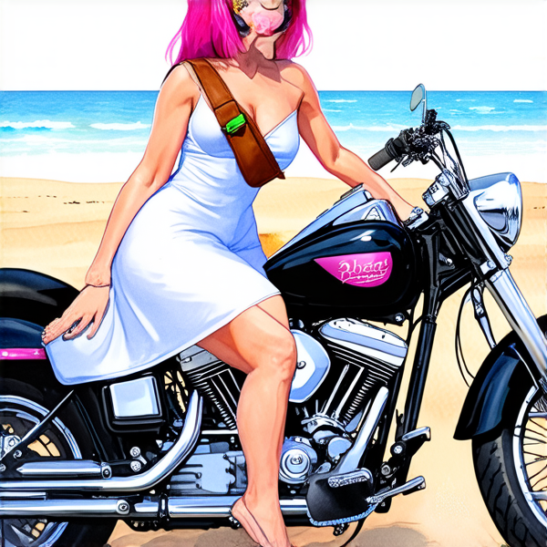 Aquarelle : Femme avec des cheveux rose fuchsia sur une harley noir roule sur le plage. elle porte une robe blanche à grosse fleur rose layette et un sac banane à main en cuir marron lanière rose et bleu et vert porté en bandoulière
