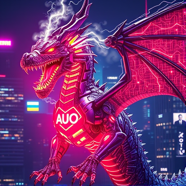 cybernetic dragon, its sleek, reflective metallic scales mirroring the vibrant neon lights of the cityscape. The acronym "AUO" stands prominently on its chest, casting an intense, fiery glow that pulses with raw energy and illuminates the complex network of circuitry etched into its hide. Digital smoke curls from the creature's nostrils as it emits a thunderous roar, unveiling fangs charged with electrical energy. Include the Ukrainian flag as a mark of respect and solidarity