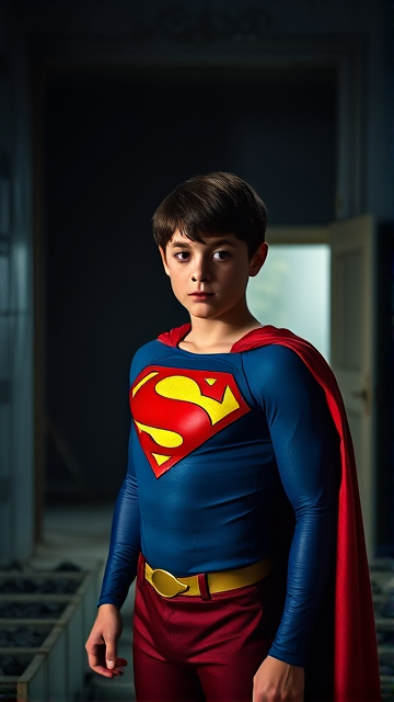 1990's Movie Scene: Jon Kent, AKA Superboy, the young little 12-year old super son of Superman, and the first kid to be born as the world's first Half-Kryptonian child, with an extremely muscular body, the iconic costume, the singular curled bang sticking out at the front of his flat and smooth hair, and a long cape, standing in an abandoned house at night, looking for clues to the mystery he is trying to solve.