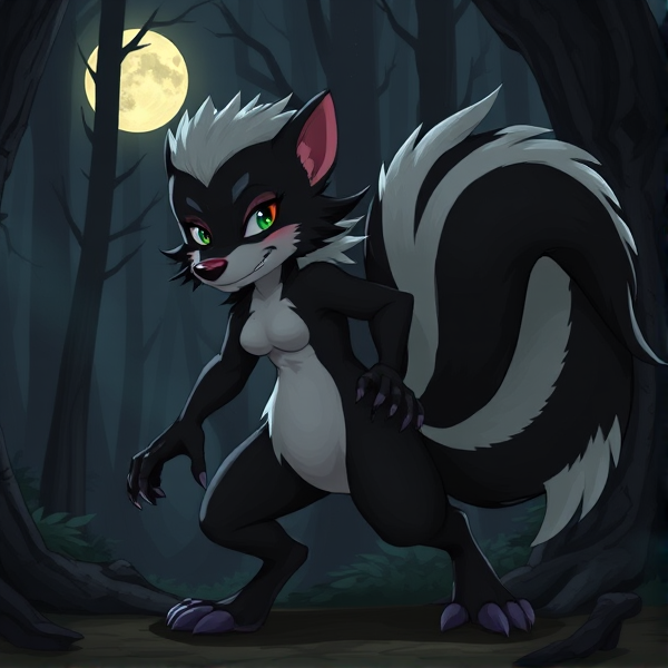 Anne Boonchuy, the character from Amphibia, mid-transformation into a wereskunk with dynamic fur texture and distinct skunk markings, showcasing a mix of human and skunk features, in a moody forest setting under a full moon