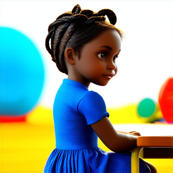 jolie petite fille noire de 8ans en robe avec des tresses africaines assise sur un bureau dans une cour de récreation