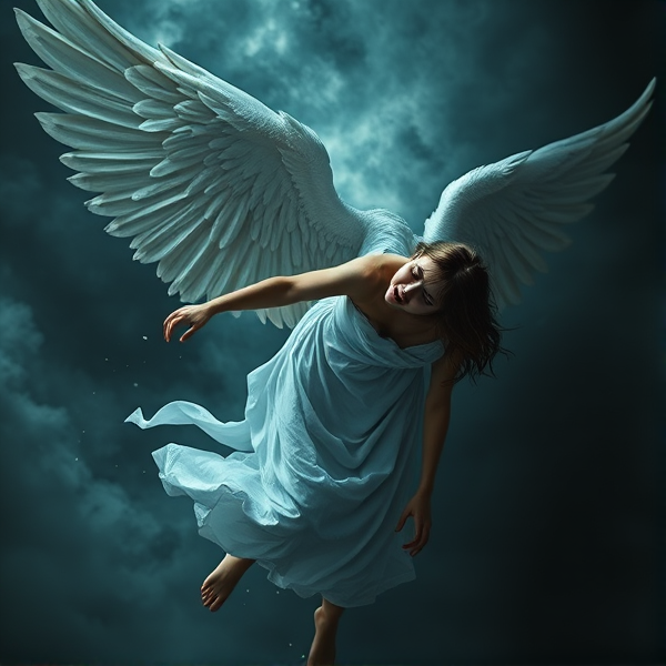 Dark fantasy fallen angel falling from heaven. She is crying and upset and her white dress is getting torn. She's further out from the photo.