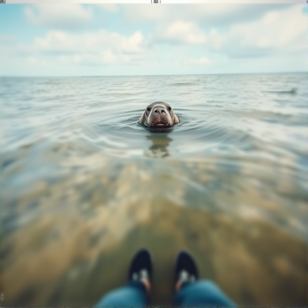 Make a first person perspective of someone standing on a marsh in the ocean with a manatee rising to the surface in the blurry water