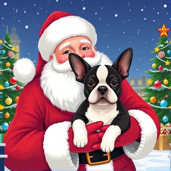 Illustration Santa holding a Boston terrier puppy with a Christmas background scene