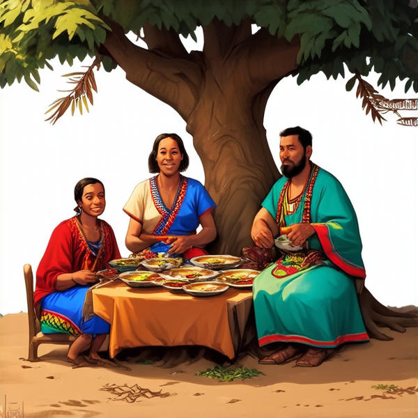 A traditional black family meal in an African village setting with a variety of indigenous dishes, people dressed in colorful ethnic attire, engaging in lively conversation under the shade of a large tree